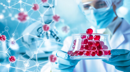 Poster - a researcher clad in a white coat and protective gear examines red particles in a glass dish, surrou