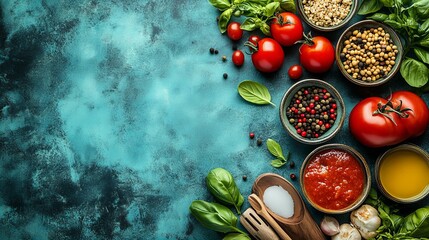 Top view of fresh organic ingredients for healthy cooking on dark blue slate table background