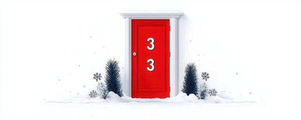 Canvas Print - Red Door with Snowflakes and Pine Trees in Winter.