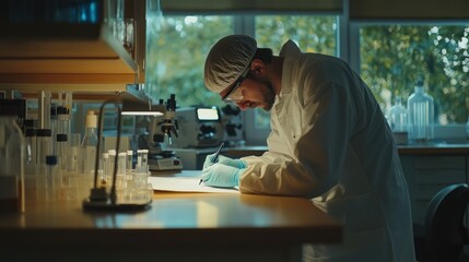 Poster - Scientist in a Lab Coat Writing on a Paper