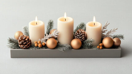 Christmas centerpiece with pinecones, candles, and ornaments, Christmas decorations, elegant holiday design