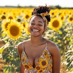 Woman in Sunflower Field Enjoying the Sunshine