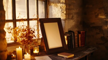 Poster - Empty Picture Frame on a Wooden Table with Candles and Books