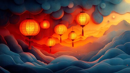 Poster - Intricate paper cut style illustration featuring multiple glowing lanterns intertwined with swirling patterns in warm hues with space for text on the left