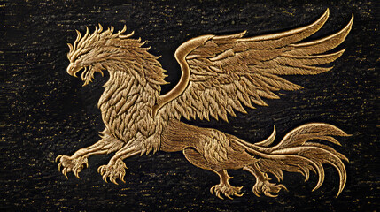 Canvas Print - A gold griffin, a mythical creature with wings and a lion's body, is embroidered on a black patch. This design is perfect for adding a touch of fantasy and luxury to fashion items.