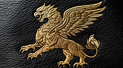 Canvas Print - A gold griffin, a mythical creature with wings and a lion's body, is embroidered on a black patch. This design is perfect for adding a touch of fantasy and luxury to fashion items.