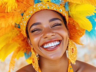 Joyful Woman in Traditional Brazilian Carnival Outfit