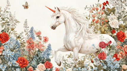 Wall Mural - A beautiful white floral design with dog roses and forget-me-nots. A unicorn adds a magical touch, perfect for a fairytale or folk fashion design.