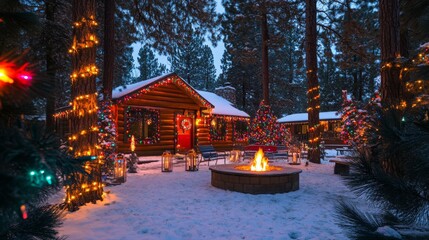 Poster - The cozy cabin, adorned with twinkling lights and festive decorations amidst snow-covered trees, invites friends and family to gather around the fire as evening falls.
