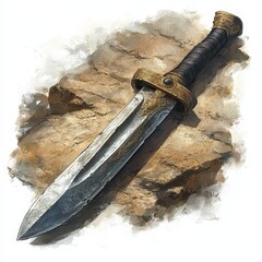 Ornate Dagger with Gold Accents on Stone Background