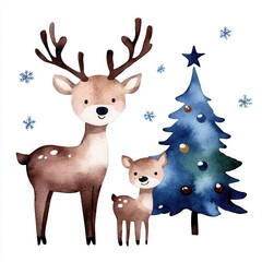 Wall Mural - Watercolor Christmas Reindeer Family with Christmas Tree Illustration.