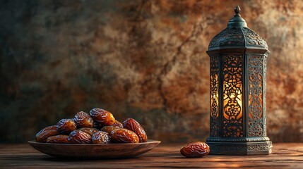 Poster - Inviting Ramadan scene showcasing plump dates in the foreground next to an ornate lantern resting on a wooden table complemented by a soft textured wall background with space for text on the right