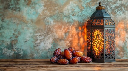 Poster - Inviting Ramadan scene showcasing plump dates in the foreground next to an ornate lantern resting on a wooden table complemented by a soft textured wall background with space for text on the right
