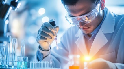 Poster - Scientist in a Lab Coat Using a Pipette to Transfer Liquid