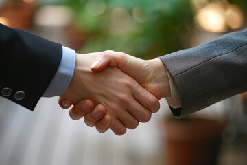 a close-up of two hands shaking, one wearing a suit and the other in a business attire, symbolizing 