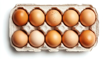 Eight brown eggs in a cardboard carton.