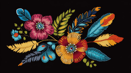 Canvas Print - A stylish design featuring colorful feathers and flowers in a Native American style.  This embroidery pattern is perfect for clothing, patches, or other craft projects.