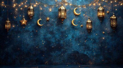 Poster - Ornate Islamic oriental style garland showcasing beautifully designed golden lanterns stars and moons ideal for celebrating Ramadan set against a rich deep blue background