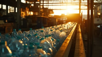 Poster - A Conveyor Belt Filled with Plastic Water Bottles at Sunset