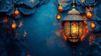Poster - Ornate paper cut style banner featuring a large central Islamic lantern adorned with intricate patterns and glowing accents set against a gradient blue background leaving room for text on the left