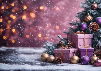 Christmas podium with blurry shiny lights for branding and packaging presentation. Product display with gift boxes, christmas tree, gold purple balls, snow