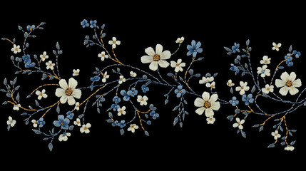 Wall Mural - A beautiful embroidery design featuring delicate floral branches with daisies and tiny blue violets. The intricate pattern, perfect for folk fashion, shows blossoms on a black background.