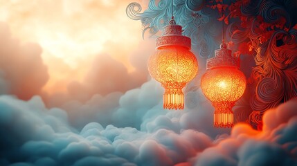 Poster - Ornate paper cut style illustration featuring a cluster of glowing lanterns and swirling designs in warm colors against a muted backdrop leaving space for text on the left