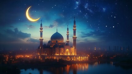 Poster - Beautiful 3D mosque crescent moon and star ornaments shining brightly above set against a clear night sky in deep blue tones creating a festive and peaceful Eid vibe
