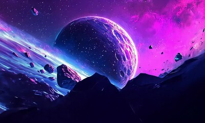 Sticker - Vibrant alien planet with floating asteroids with ai generated.
