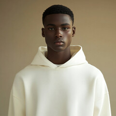 A male model wearing a plain white hoodie, facing forward with a relaxed posture. The background is a soft, neutral color, studio