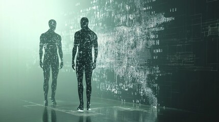 Two silhouetted figures stand before a wall of glowing digital data.