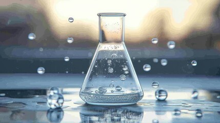 Poster - A Glass Flask with Water and Bubbles on a Reflective Surface