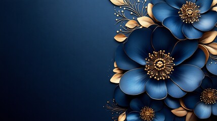 Poster - Bold contrasting colors of navy blue and gold create a dynamic arabesque flower pattern The left side of the image remains open for text making it a visually striking Ramadan design