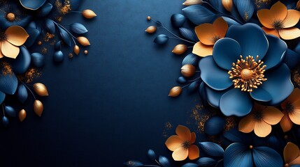 Poster - Bold contrasting colors of navy blue and gold create a dynamic arabesque flower pattern The left side of the image remains open for text making it a visually striking Ramadan design