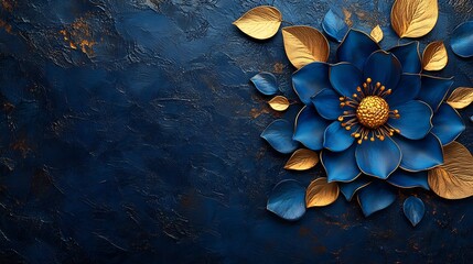 Poster - Bold contrasting colors of navy blue and gold create a dynamic arabesque flower pattern The left side of the image remains open for text making it a visually striking Ramadan design