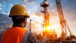 © Phirakhup - Worker observing machinery at sunset on an oil rig site.