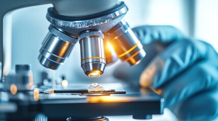 Poster - Close-up of a Microscope with a Gloved Hand and a Specimen