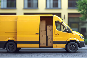 delivery van with open door with cardboards