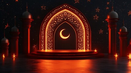 Poster - Eid Mubarak banner featuring 3D stars crescent moon an illuminated Islamic arch with geometric patterns providing ample space for text on a sleek modern backdrop