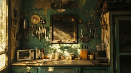 Poster - Rustic Kitchen with Sunlight Streaming Through Window