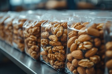 A row of clear plastic bags filled with almonds and walnuts, ready for packaging.