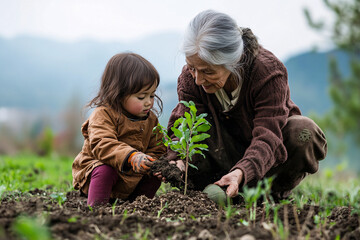 old woman and little girl planting a tree in soil