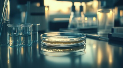 Poster - Petri Dish with Yellowish Liquid and Crystals on a Lab Table