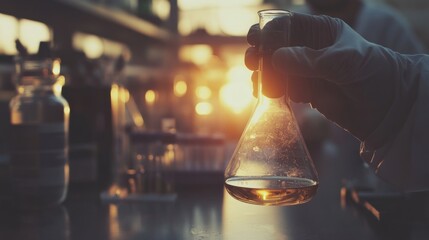 Poster - A gloved hand holding a glass flask filled with a liquid, with a blurry background of a sunset.