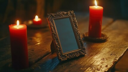 Poster - Ornate Picture Frame and Lit Candles on Wooden Table