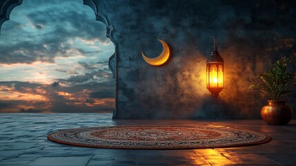 Poster - Eid Mubarak card featuring 3D prayer mat crescent moon a lantern glowing softly with space for text on a modern sleek background