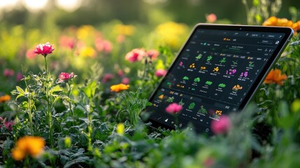 A tablet computer rests in a field of blooming flowers, displaying a data-driven gardening app interface.