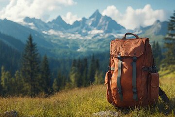 Scene with tourist backpack standing on grass near forest or mountains. Ideal for outdoor themes.