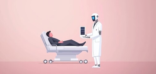 An AI-powered robotic assistant helping a doctor analyze patient data on a holographic screen in a modern healthcare facility