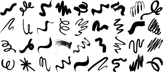 Wall Mural - squiggle brush strokes vector, abstract ink brush marks, black curved lines, artistic squiggles, and